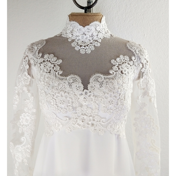 Vintage Lace Embroidered High Collar A-Line Chiffon Victorian Wedding Dress - Picture 2 of 14